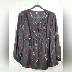 Old Navy Black and Red Floral Babydoll Blouse Large